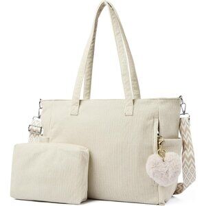 Women Beige Corduroy With Polyester Fiber Lining Shoulder Handbag with Pouch